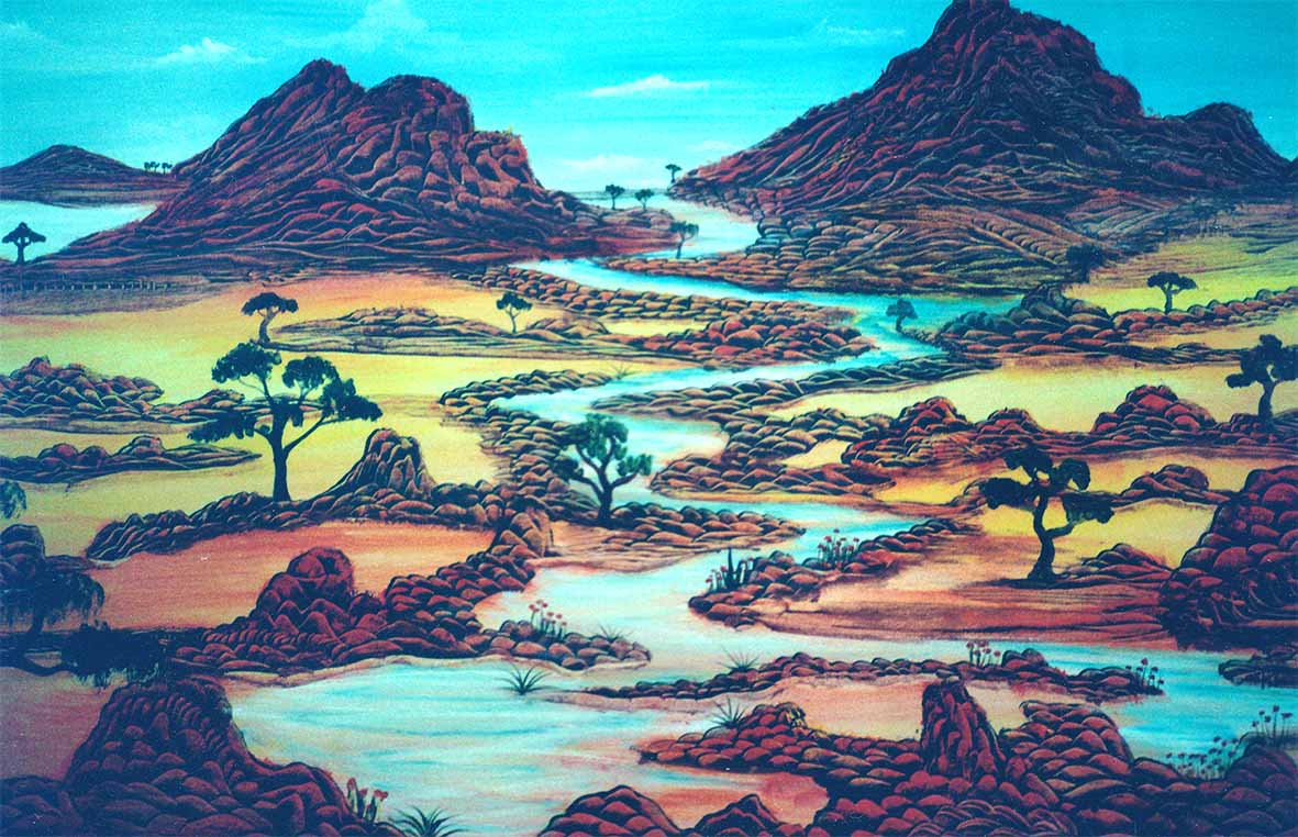 Colorful Austin Texas Murals with trees, mountains and rivers